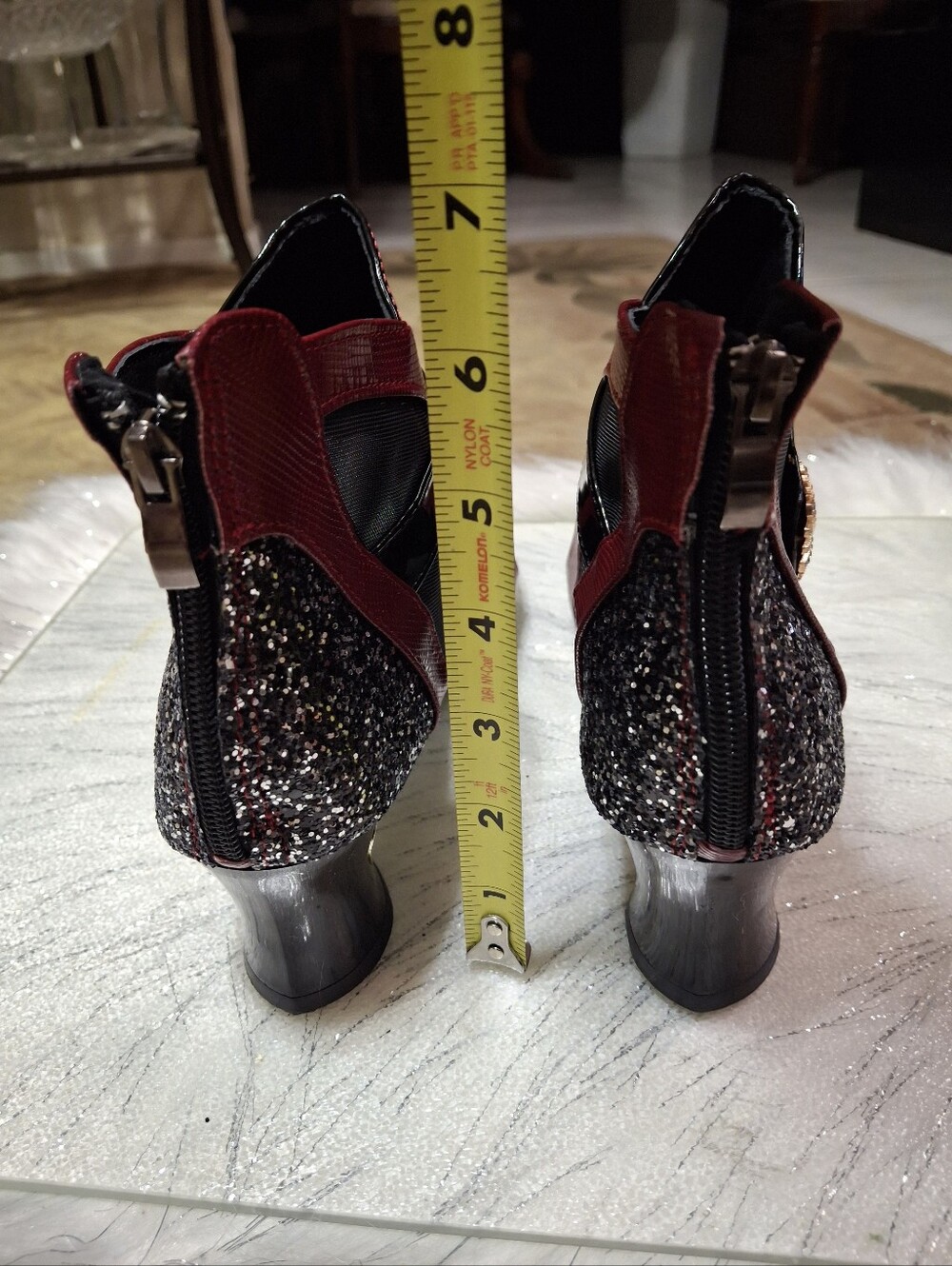 Women Black/Burgundy Mesh Ankle Booties Embellish Buckle Sculpted Heel Size 7.5 - Picture 15 of 16